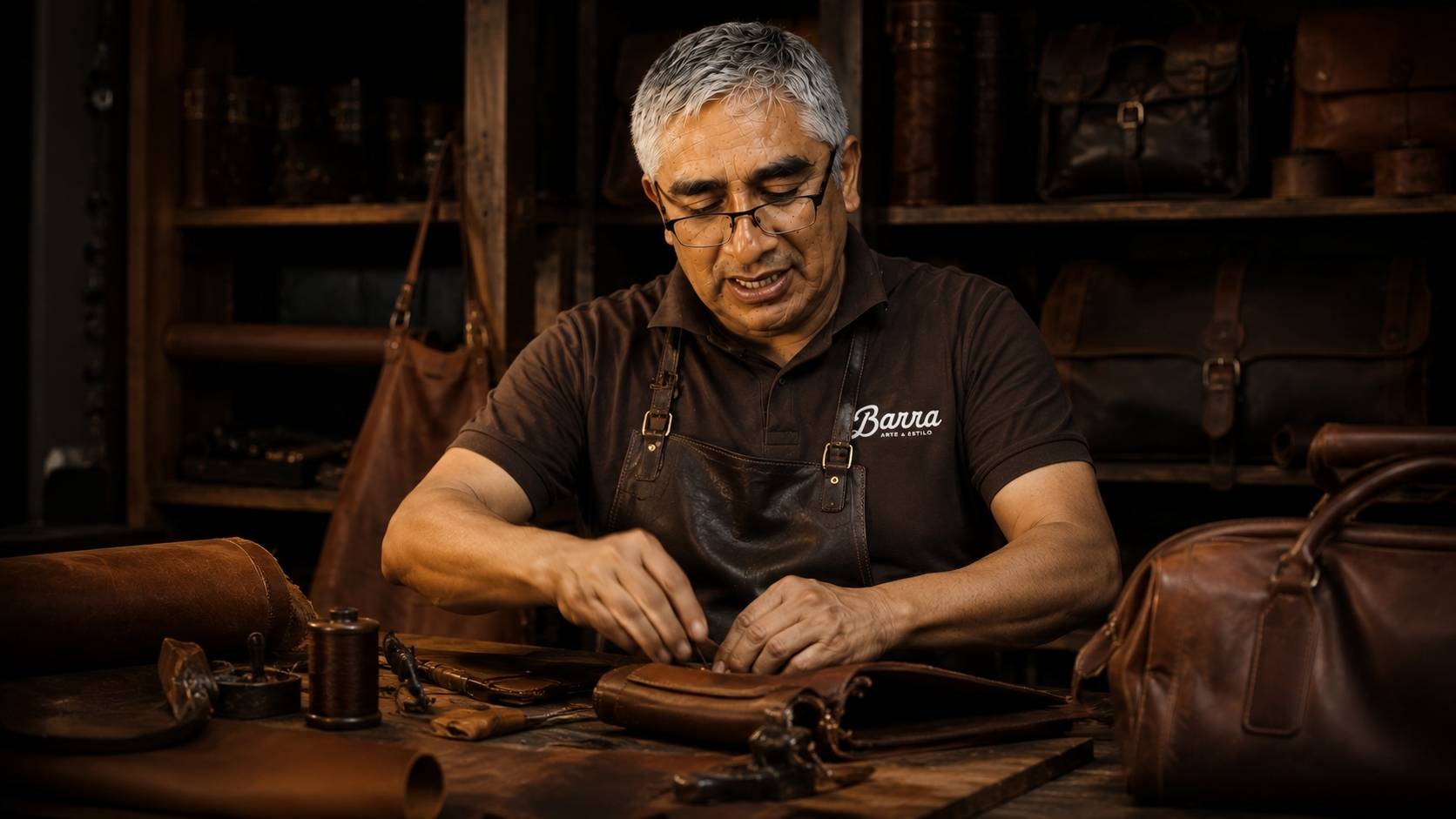 El Viejo Artesano Barra trabajando una pieza de cuero en su taller