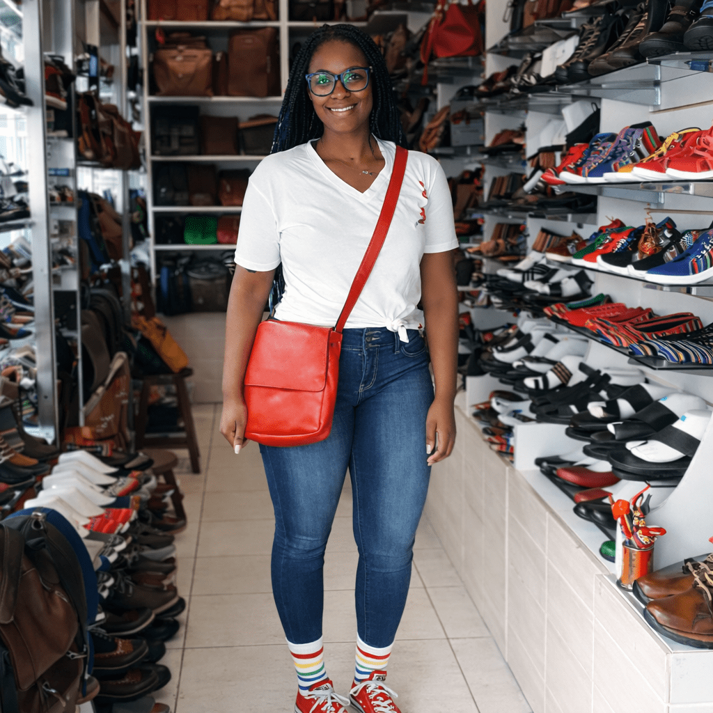Cliente satisfecha con cartera de cuero roja
