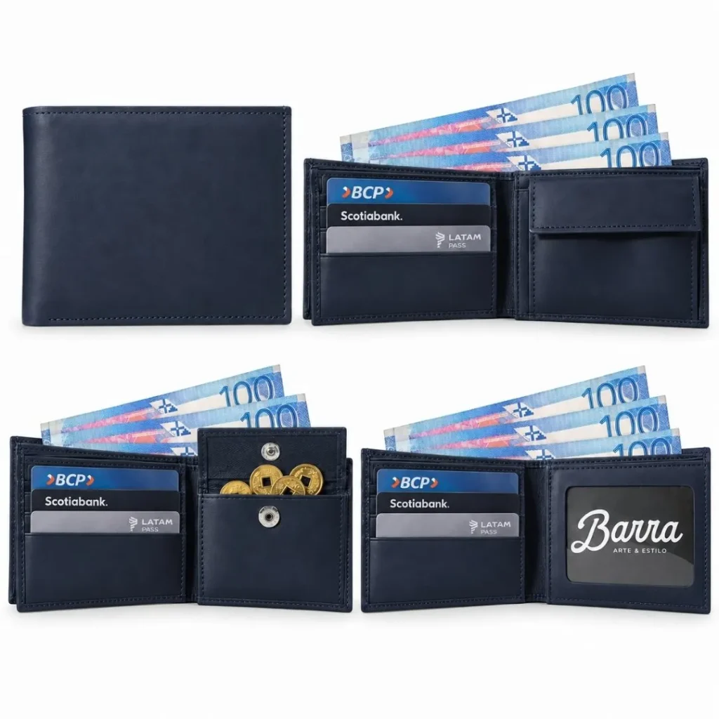 BC07 - BILLETERA DE CUERO COLOR AZUL PORTADA CUERO BARRA